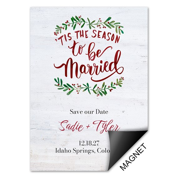 holiday save the date magnet with foliage and text