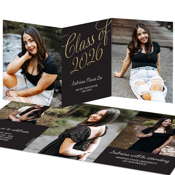 graduation announcement with photo areas and gold text