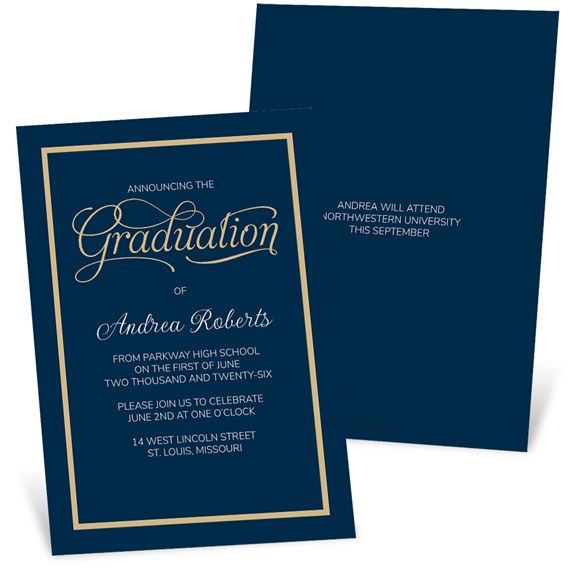 navy blue graduation announcement card with gold border