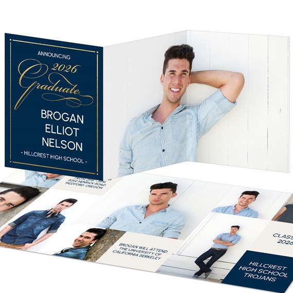 trifold graduation announcement with photo placeholders and foil text