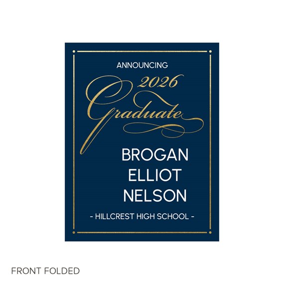 navy announcement card with gold foil accents and photo placeholder