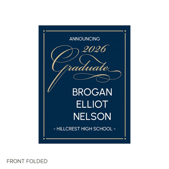 navy blue graduation announcement card with gold foil text and border