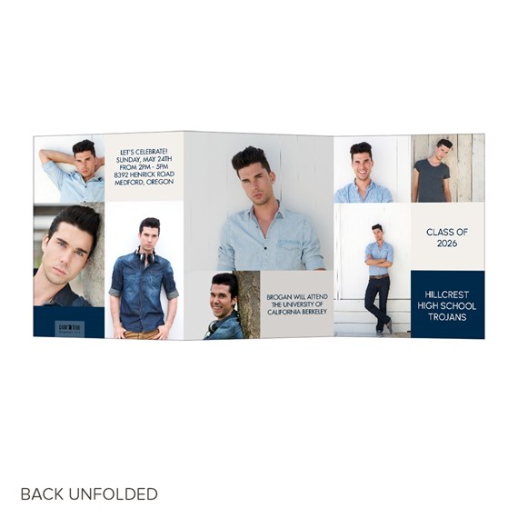 trifold graduation announcement with photo placeholders, navy and white design