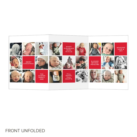collage of baby photos with red accents and messages on a trifold card