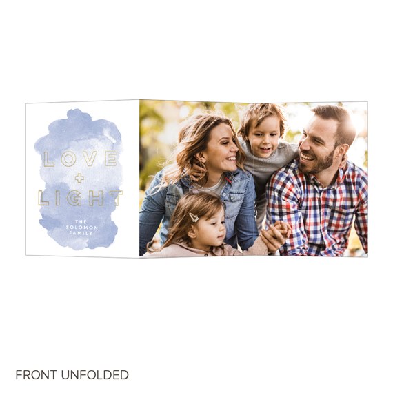 trifold card with watercolor background and photo area