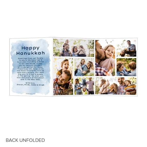 trifold Hanukkah card with photo placeholders and text