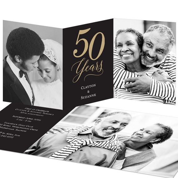 anniversary invitation with photo placeholders and gold foil text