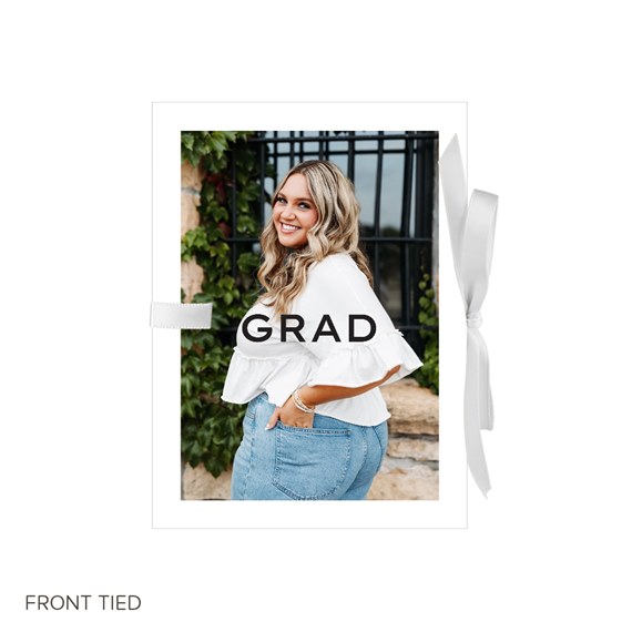 photo placeholder, ribbon tied booklet, grad invitation