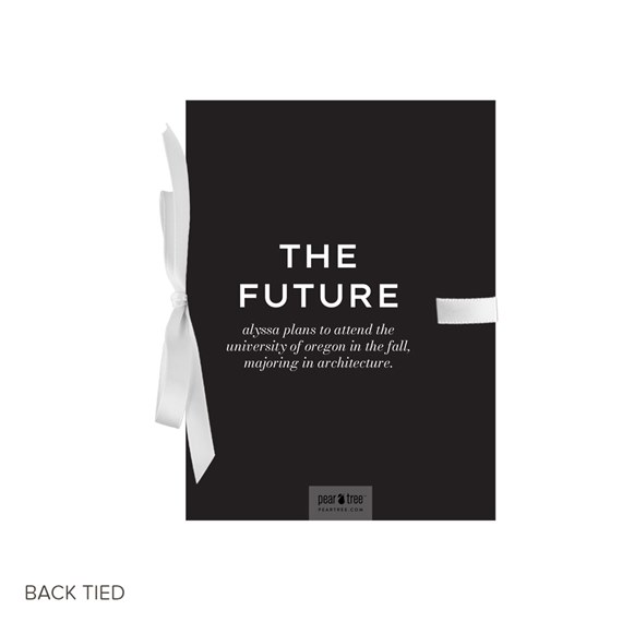 black booklet with white ribbon and text placeholder