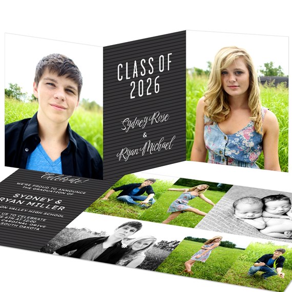 trifold graduation invitation with photo placeholders and text