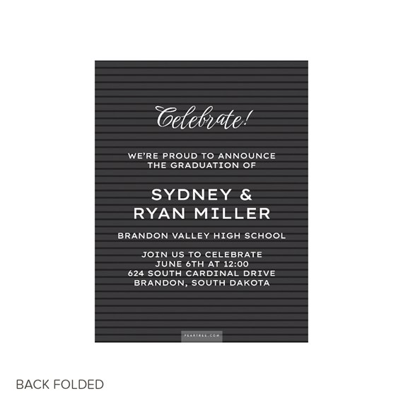 black trifold graduation invitation with striped background and text