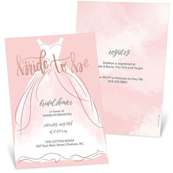 bridal shower invitation with gown illustration and foil text