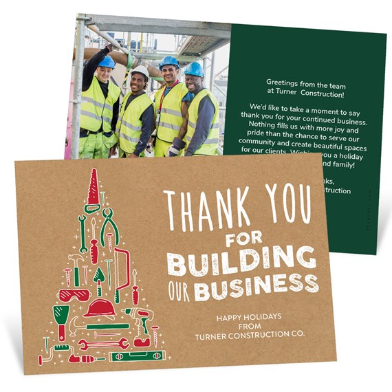 holiday card with construction theme and photo placeholder
