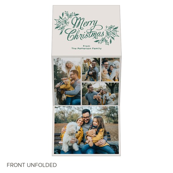 trifold Christmas card with photo placeholders and holly design