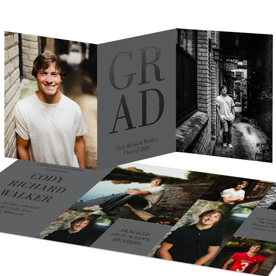 trifold graduation invitation with photo placeholders and customizable text area