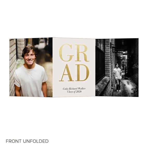 trifold graduation invitation with photo area and gold foil text