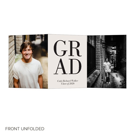 trifold graduation invitation with photo placeholders and bold text