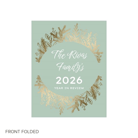 trifold Christmas card with gold foliage design and customizable text area