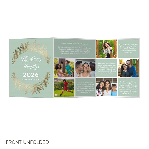 trifold christmas card with photo placeholders and gold foliage design