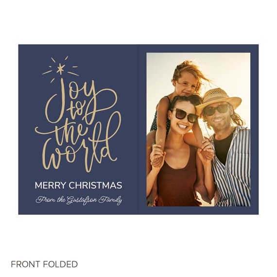navy blue folded card with gold foil text and photo area
