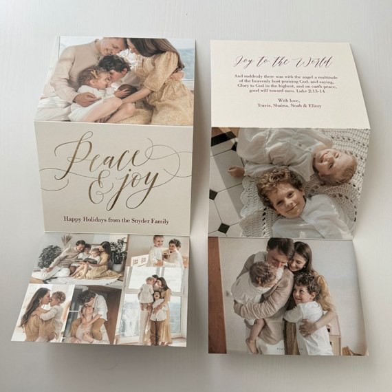 trifold Christmas card with photo placeholders and script text