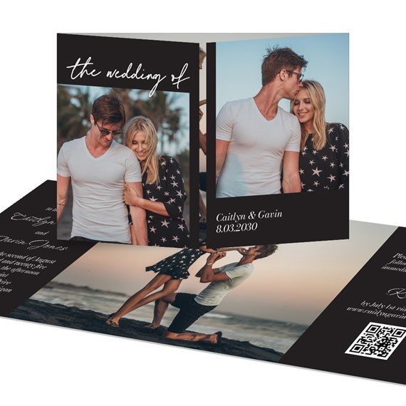 folded wedding invitation with photo placeholders and decorative text