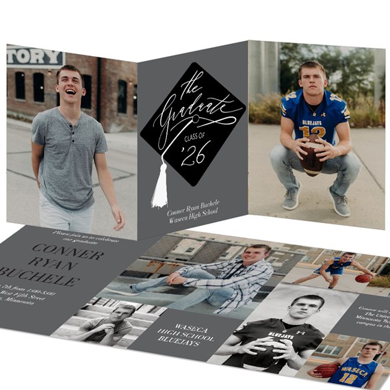 trifold graduation invitation with photo placeholders and text