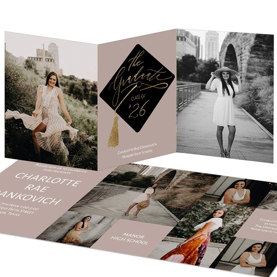 trifold graduation invitation with photo placeholders and gold text