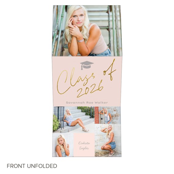 trifold graduation announcement with photo areas and gold foil text