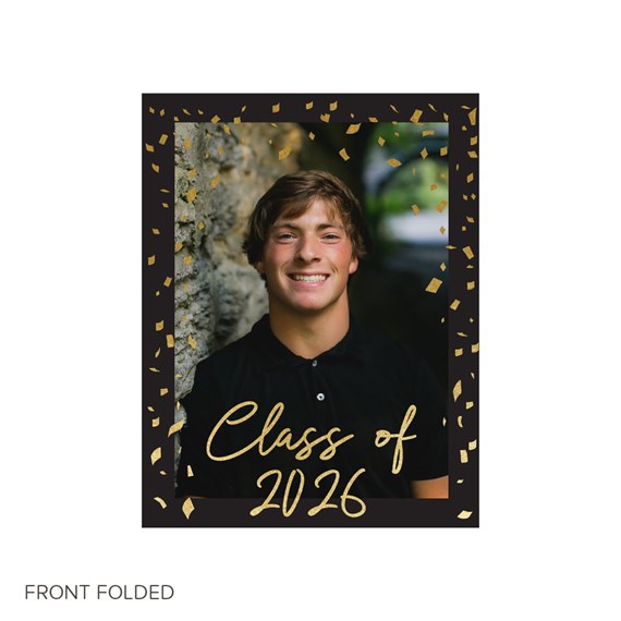 trifold graduation invitation with photo area and confetti design