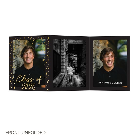 trifold graduation invitation with photo areas and gold confetti